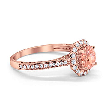 Filigree Engagement Ring Round Rose Tone, Simulated Morganite CZ 925 Sterling Silver